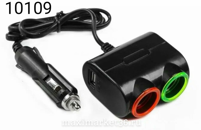 Разветвитель прикуривателя 1631 2 гнезда + 1 USB Olesson 5V 800mA 12-24V -4891 чёрный RV-014