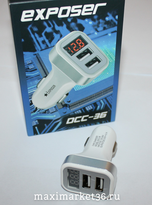 Штекер прикуривателя с 2 USB(1,1А. 2,1А) + цифровой вольтметр EXPOSER DCC-36