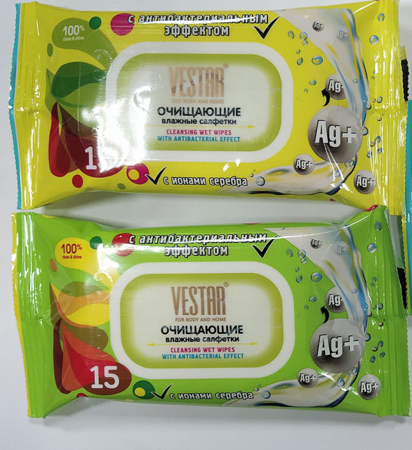 Салфетки влаж, универс, очищающие в мягк упак(15шт)VESTAR антибактер.эффект + ионы серебра D6