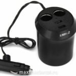 Разветвитель прикуривателя в подстаканник 2 гнезда 8А + 2 USB 2*0.5А/1*1А RV-031