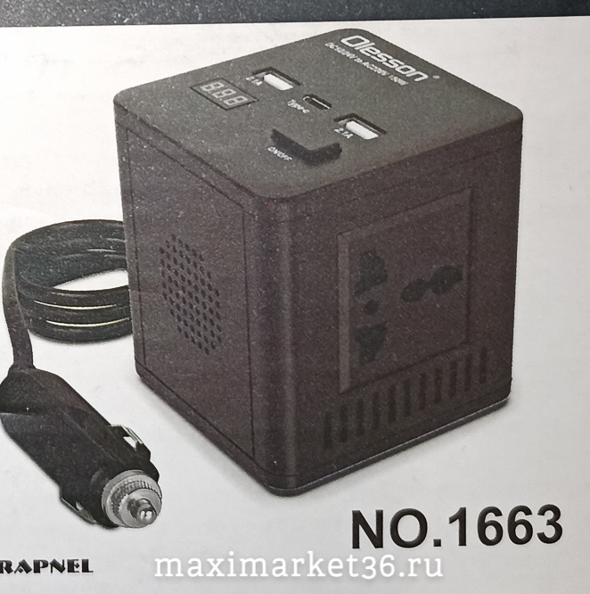 Разветвитель прикуривателя+Инвертор квадратный 1663 220V 150W 12V/24V 2Type-C+ 2USB 5V/2.1 -5616
