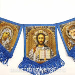 Вымпел ТРОЙНОЙ БОЛЬШОЙ С БАХРОМОЙ ТКАНЬ СИНИЙ на 2 присос СПАСИ-СОХРАНИ+ИКОНЫ 120