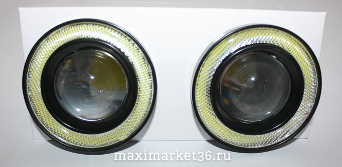 Фара диодная-ходов. огни ПАРА(КОМПЛ) 7000К COB диод + линза +диодное кольцо D=89мм