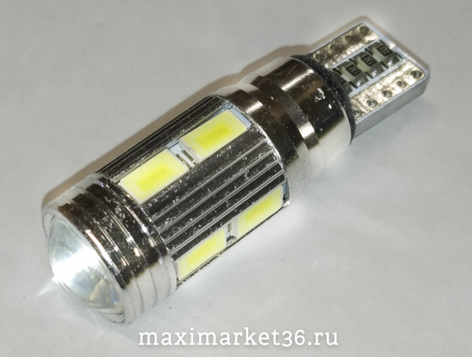 Автолампа W5W (W2.1x9.5d) бесцок 10 SMD (5630) + Линза WHITE 12V + ОБМАНКА (метал.корпус) X0042